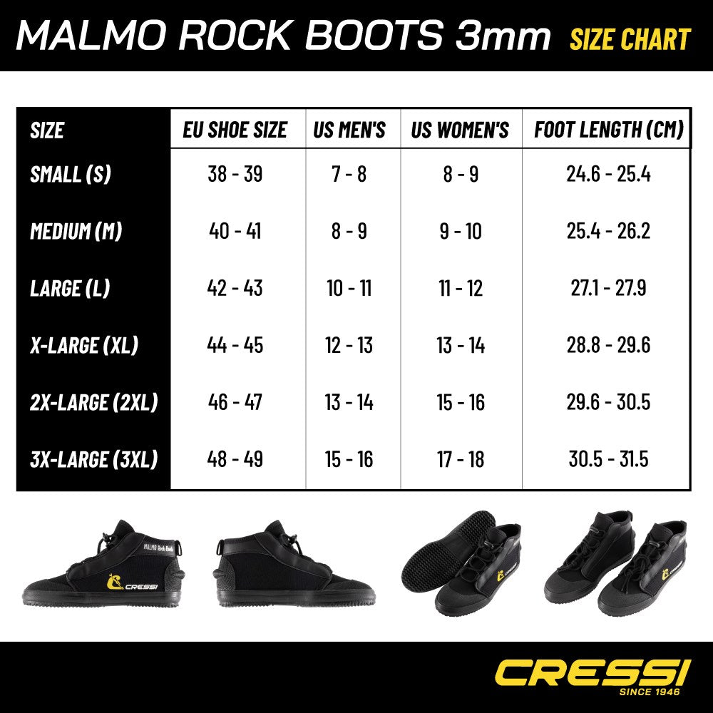 Cressi Malmo 3mm Rock Boots size chart with EU, US and foot-length measurements
